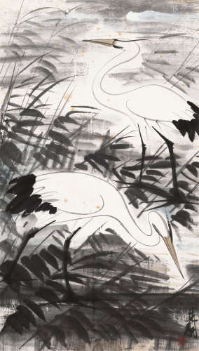 林风眠（1900～1991） 双鹭图 镜框 设色纸本
