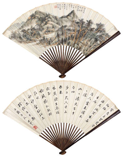 冯超然（1882～1954）  张謇（1853～1926） 山水  书法 成扇 设色纸本