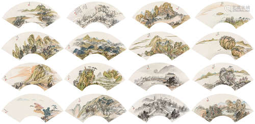 李研山（1898～1961） 金陵山水 扇面 （十六开） 设色纸本