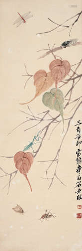 齐白石（1864～1957） 贝叶草虫 镜框 设色纸本