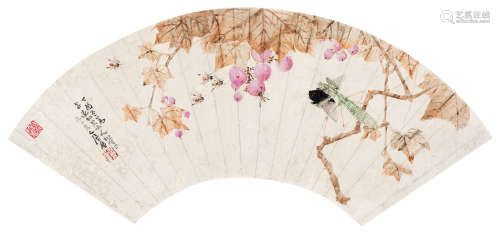 居廉（1828～1904） 螳螂捕蝉 扇面 设色纸本
