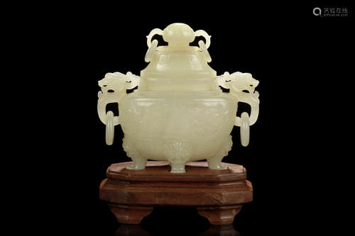 HETIAN JADE CARVED CENSER WITH LID AND STAND