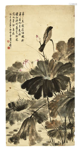 HUANG JUNBI: INK AND COLOR ON PAPER PAINTING 'LOTUS FLOWERS'