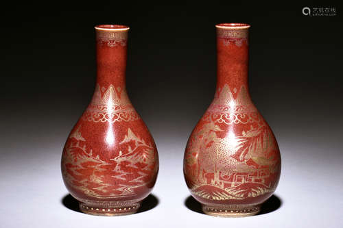 PAIR OF FLAMBE GLAZE AND GILT VASES