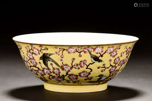 FAMILLE ROSE AND YELLOW GROUND 'BIRDS AND FLOWERS' BOWL