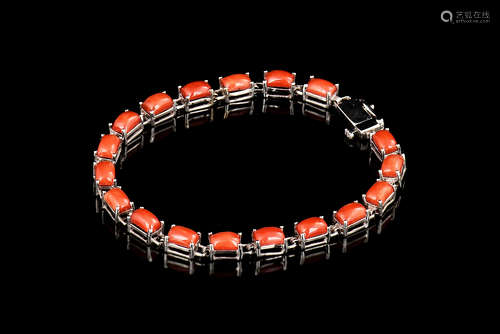 RED CORAL INSET 14K WHITE GOLD BRACELET