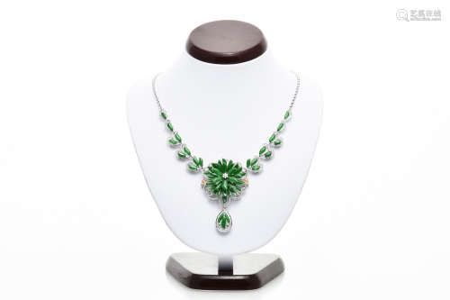 JADEITE FLOWER PENDANT AND NECKLACE WITH GIA CERTIFICATE