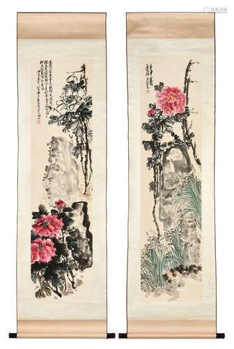 WU CHANGSHUO: PAIR OF INK AND COLOR ON PAPER PAINTINGS 'FLOWERS'