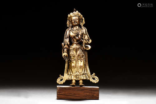 A SINO-TIBETAN GILT BRONZE STANDING MAITREYA