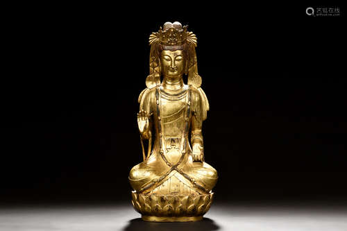 GILT BRONZE CAST SEATED AVALOKITESHVARA FIGURE