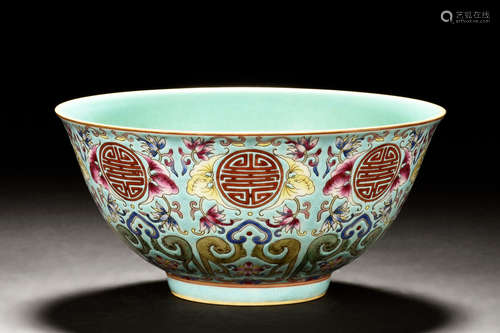 FAMILLE ROSE AND TURQUOISE GROUND 'SHOU' BOWL