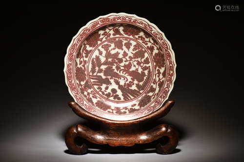 UNDERGLAZED RED 'BIRDS AND FLOWERS' CHARGER