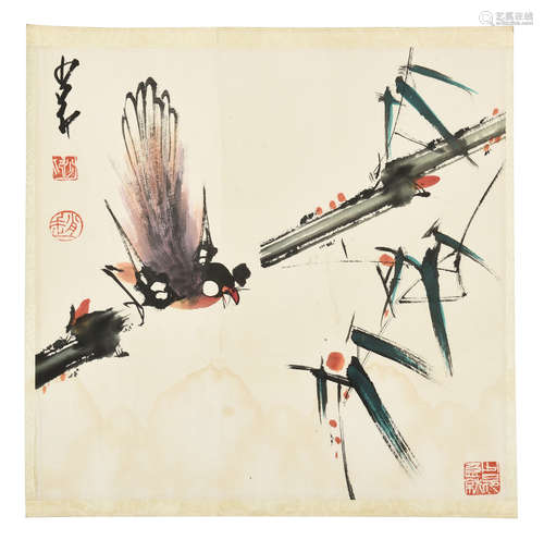 ZHAO SHAOANG: INK AND COLOR ON PAPER PAINTING 'FLOWERS AND BIRDS'