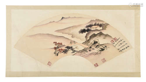 ZHANG DAQIAN: INK AND COLOR ON FAN LEAF PAINTING 'LANDSCAPE SCENERY'