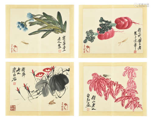 QI BAISHI: FOUR INK AND COLOR ON PAPER PAINTING 'PLANTS'