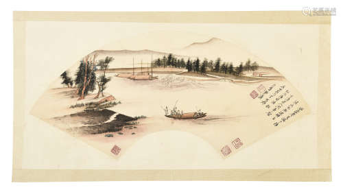 ZHANG DAQIAN: INK AND COLOR ON FAN LEAF PAINTING 'RIVER SCENERY'