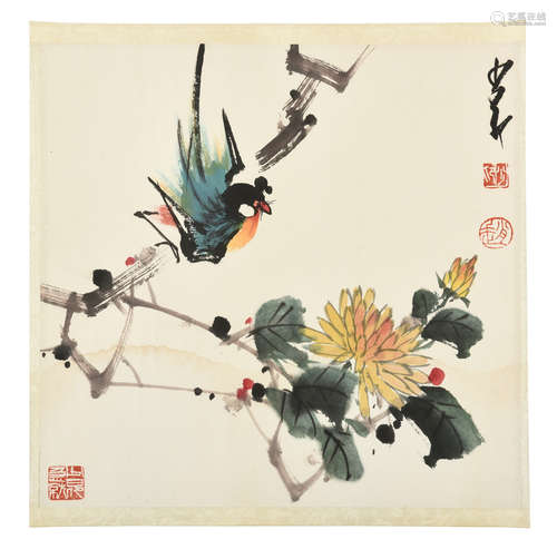 ZHAO SHAOANG: INK AND COLOR ON PAPER PAINTING 'FLOWERS AND BIRDS'