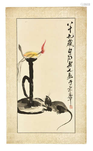 QI BAISHI: INK AND COLOR ON PAPER PAINTING 'MOUSE AND OIL LAMP'