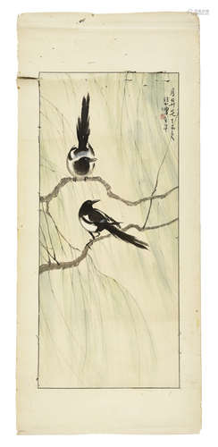 XU BEIHONG: INK AND COLOR ON PAPER PAINTING 'MAGPIE BIRDS'