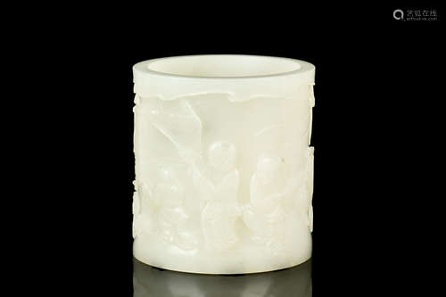 WHITE JADE CARVED 'CHILDREN' BRUSH POT