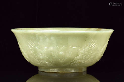 WHITE JADE CARVED 'DRAGONS' BOWL