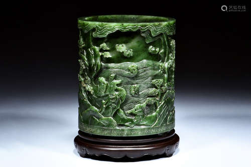 NEPHRITE JADE CARVED BRUSH POT WITH STAND