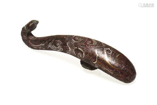 BRONZE CAST GOLD AND SILVER INLAID 'DRAGON' HOOK