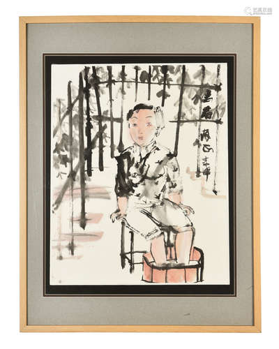 LI JIN: FRAMED INK AND COLOR ON PAPER PAINTING 'GIRL'