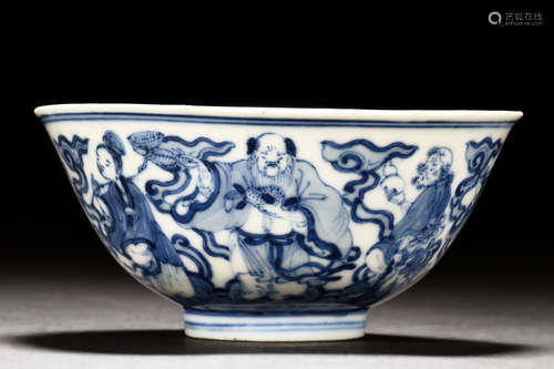 A BLUE AND WHITE ‘EIGHT IMMORTALS’ BOWL SEAL MARK AND PERIOD OF QIANLONG