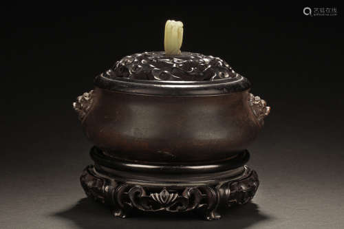 BRONZE CENSER WITH CARVED STAND AND JADE DECORATED LID