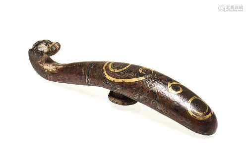 BRONZE CAST GOLD AND SILVER INLAID 'DRAGON' HOOK