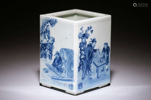 BLUE AND WHITE RECTANGULAR 'PEOPLE' BRUSH POT