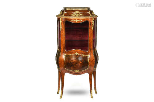 LOUIS XV BOMBAY STYLE WITH BRONZE MOUNTED VERNIS MARTIN VITRINE WITH FALL FRONT DESK AND PIERCED BRONZE GALLERY TOP