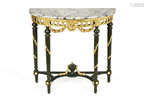 LOUIS XVI GILTWOOD CARVED MARBLE TOP CONSOLE WITH FLORAL GARLAND AND ROSETTE