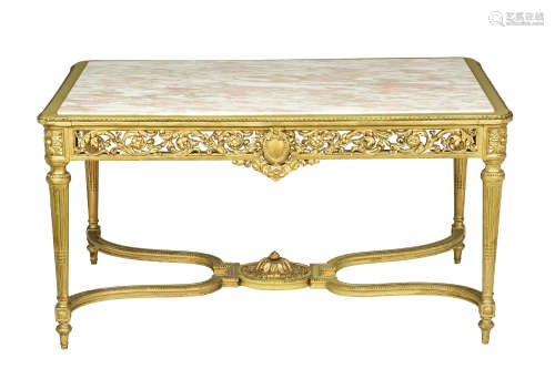 LOUIS XVI STYLE ANTIQUE GILTWOOD CARVED LARGE RECTANGULAR MARBLE TOP SALON TABLE WITH CARVED STRETCHER