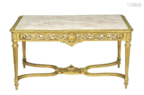 LOUIS XVI STYLE ANTIQUE GILTWOOD CARVED LARGE RECTANGULAR MARBLE TOP SALON TABLE WITH CARVED STRETCHER