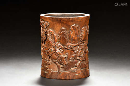 WOOD CARVED 'IMMORTAL' BRUSH POT