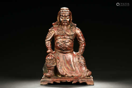 CARVED WOODEN LACQUER 'GUANYU' SEATED FIGURE