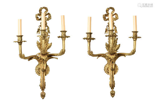 PAIR OF LOUIS XV STYLE 3-ARM DORE BRONZE SCONCES