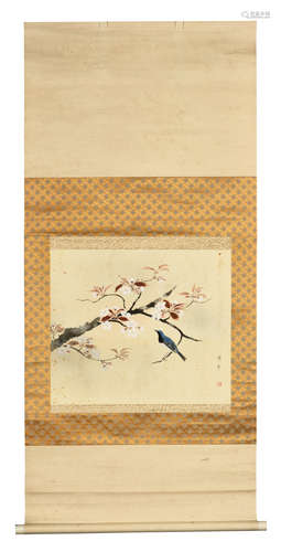 JAPANESE INK ON SILK PAINTING 'FLOWERS AND BIRD'