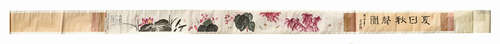 INK AND COLOR ON PAPER HORIZONTAL HAND SCROLL 'FLOWERS AND INSECTS'