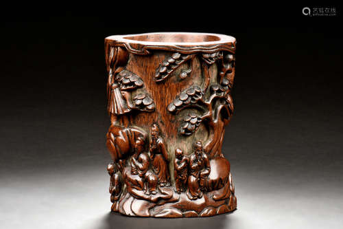 AGARWOOD CARVED 'SCHOLARS IN FOREST' BRUSH POT