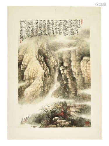 LAO JIXIONG: INK AND COLOR ON PAPER PAINTING 'MOUNTAIN SCENERY'