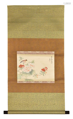 JAPANESE INK ON SILK PAINTING 'FLOWERS AND BIRD'