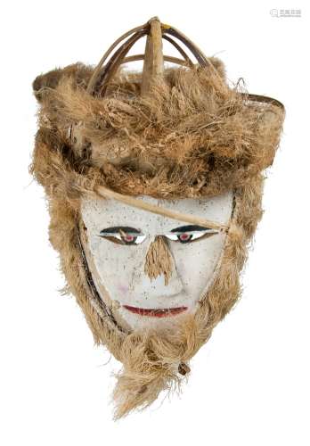 PAINTED WOODEN MASK WITH DRY GRASS