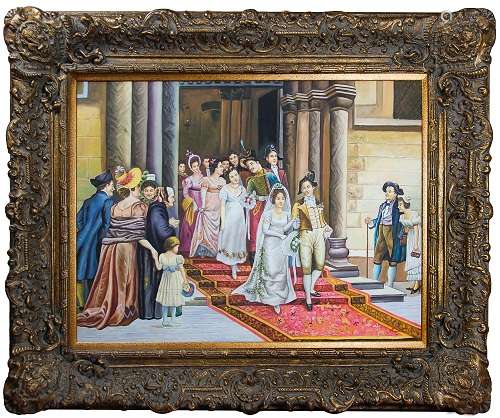 LARGE FRAMED PAINTING OF WEDDING PARTY