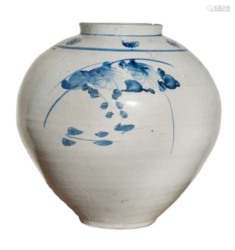 KOREAN BLUE AND WHITE GLOBULAR JAR韓國 青花罐