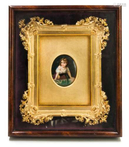 FRAMED PAINTED CERAMIC PORTRAIT OF A GIRL