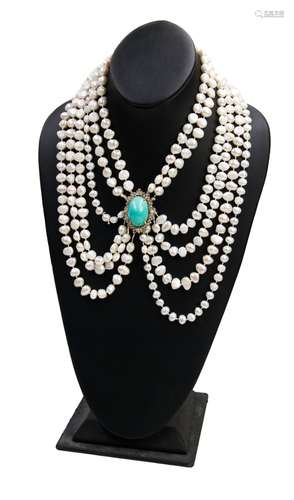 MULTI-STRAND BAROQUE PEARL, TURQUOISE NECKLACE