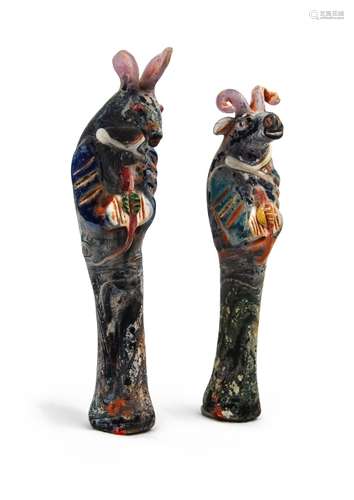 PAIR OF OLD GLASS MOLDED ZOOMORPHIC FIGURES